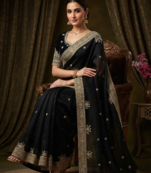 Black Color Embroidery And Sequance Work Satin Saree