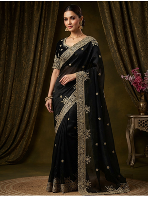 Black Color Embroidery And Sequance Work Satin Saree 2