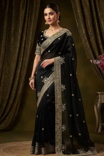 Black Color Embroidery And Sequance Work Satin Saree