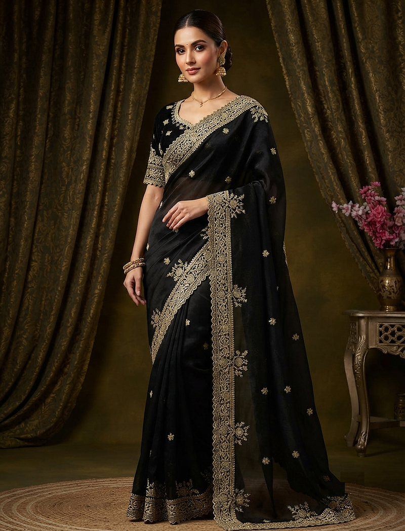 Black Color Embroidery And Sequance Work Satin Saree