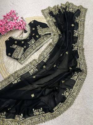 Black Color Embroidery And Sequance Work Satin Saree 3