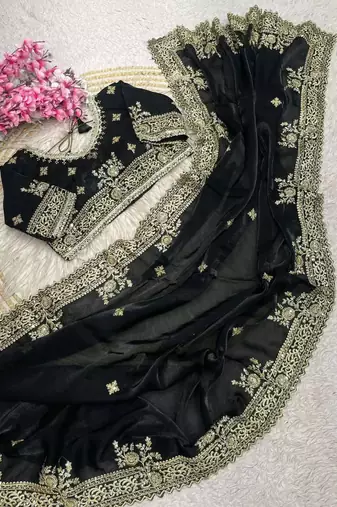 Black Color Embroidery And Sequance Work Satin Saree