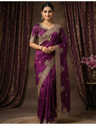 Maganta Color Embroidery And Sequance Work Satin Saree 1