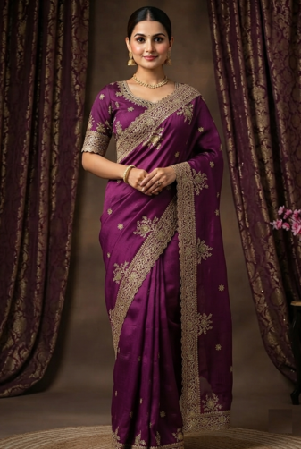 Maganta Embroidery And Sequance Work Satin Saree