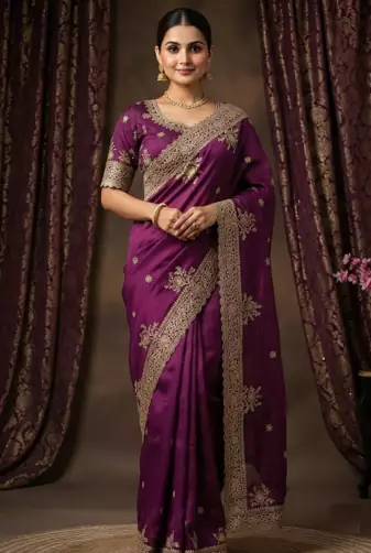 Maganta Color Embroidery And Sequance Work Satin Saree