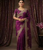 Maganta Color Embroidery And Sequance Work Satin Saree