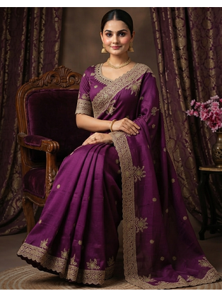 Maganta Color Embroidery And Sequance Work Satin Saree 2