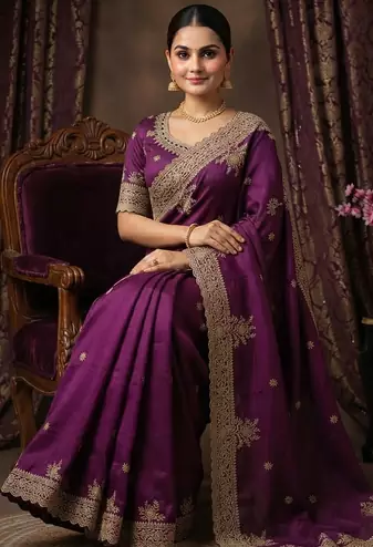 Maganta Color Embroidery And Sequance Work Satin Saree