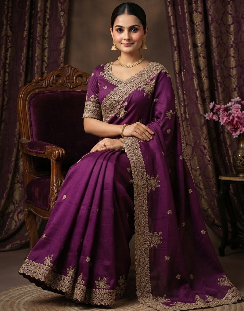 Maganta Color Embroidery And Sequance Work Satin Saree