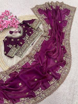 Maganta Color Embroidery And Sequance Work Satin Saree 3