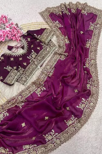 Maganta Color Embroidery And Sequance Work Satin Saree
