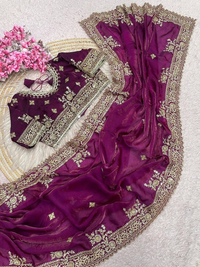 Maganta Color Embroidery And Sequance Work Satin Saree