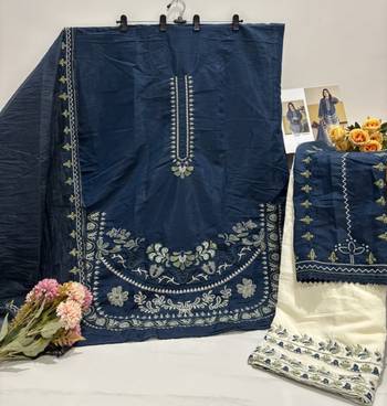 Navy silk blend semi stitched suit with embroidery work 3