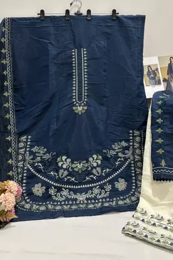 Navy silk blend semi stitched suit with embroidery work