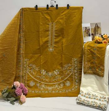 Mustard silk blend semi stitched suit with embroidery work 3