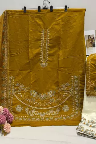 Mustard silk blend semi stitched suit with embroidery work