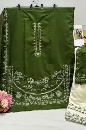 Green silk blend semi stitched suit with embroidery work