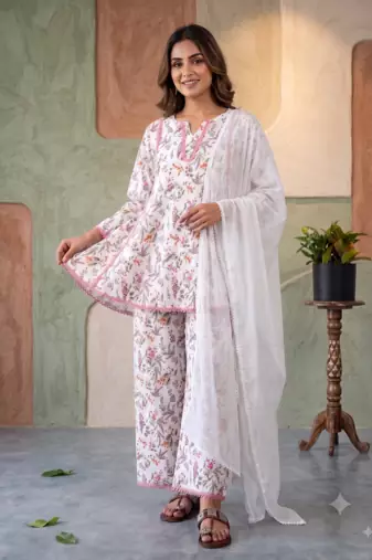 Floral print short kurti with farshi pant and dupatta set
