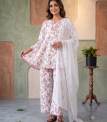 Floral print short kurti with farshi pant and dupatta set