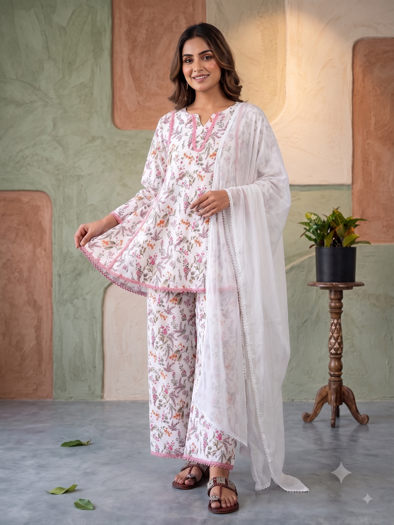Floral print short kurti with farshi pant and dupatta set
