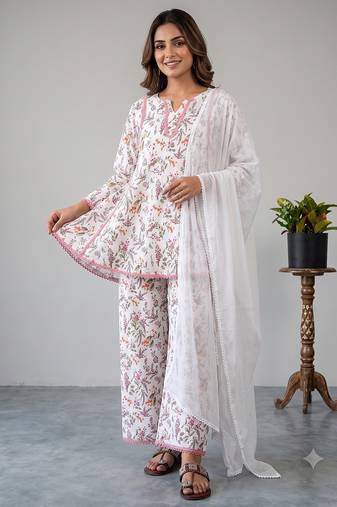 Floral print short kurti with farshi pant and dupatta set