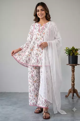 Floral print short kurti with farshi pant and dupatta set