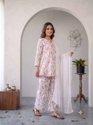 Floral print short kurti with farshi pant and dupatta set 2