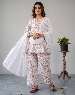 Floral print short kurti with farshi pant and dupatta set 2