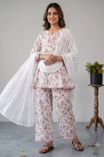 Floral print short kurti with farshi pant and dupatta set