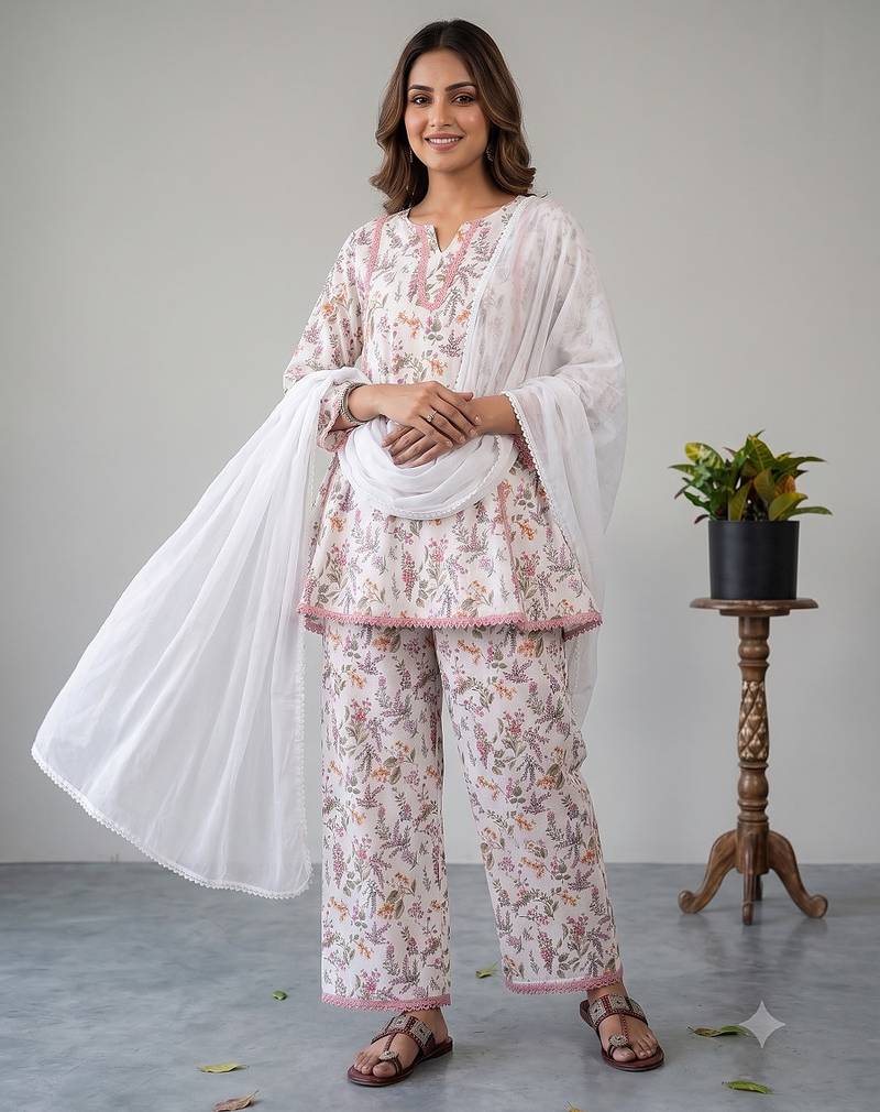Floral print short kurti with farshi pant and dupatta set