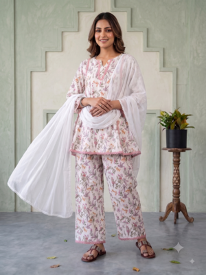 Floral print short kurti with farshi pant and dupatta set 3
