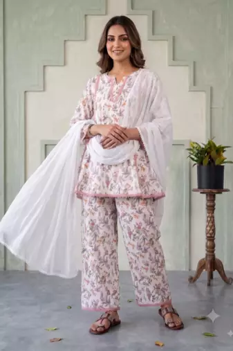 Floral print short kurti with farshi pant and dupatta set