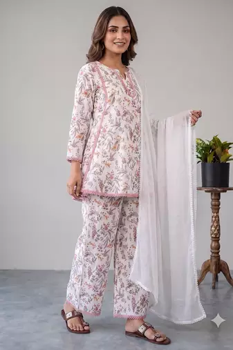 Floral print short kurti with farshi pant and dupatta set