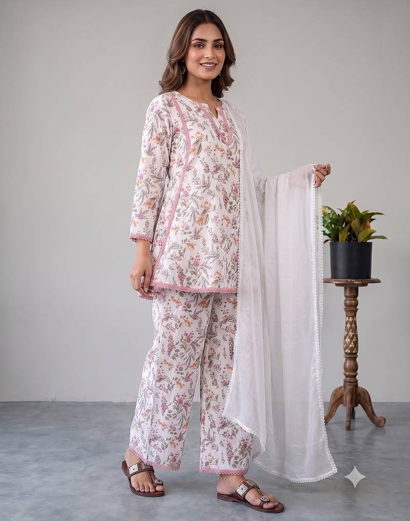 Floral print short kurti with farshi pant and dupatta set
