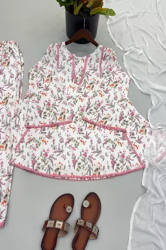Floral print short kurti with farshi pant and dupatta set
