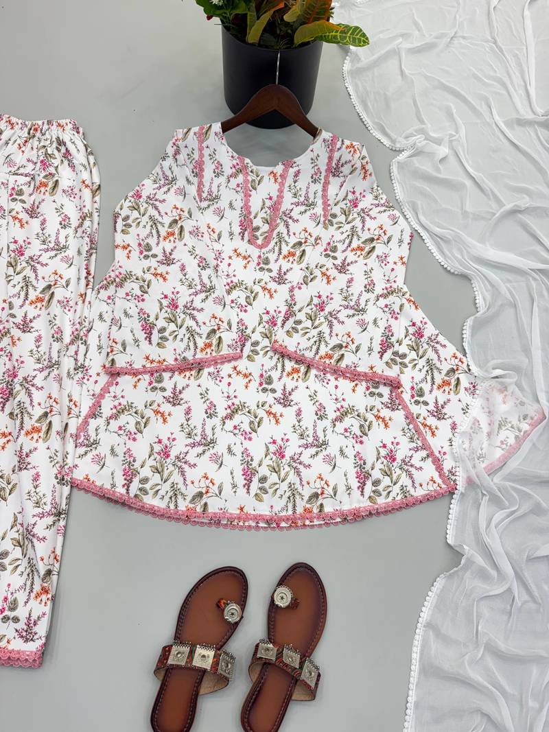 Floral print short kurti with farshi pant and dupatta set