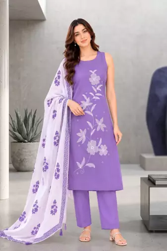 Lavendar embroidered sleeveless kurti set with trousers and white contrast dupatta