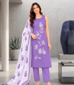 Lavendar embroidered sleeveless kurti set with trousers and white contrast dupatta