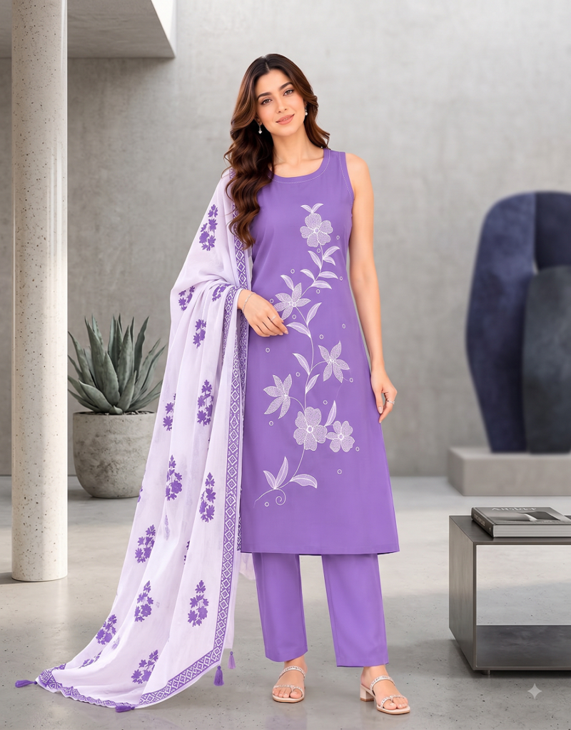 Lavendar embroidered sleeveless kurti set with trousers and white contrast dupatta