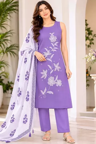 Lavendar embroidered sleeveless kurti set with trousers and white contrast dupatta