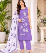 Lavendar embroidered sleeveless kurti set with trousers and white contrast dupatta