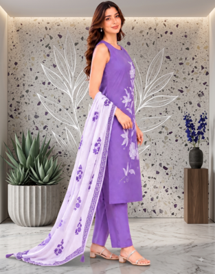 Lavendar embroidered sleeveless kurti set with trousers and white contrast dupatta 2