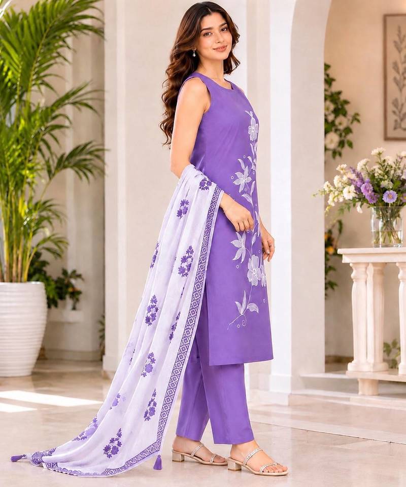 Lavendar embroidered sleeveless kurti set with trousers and white contrast dupatta