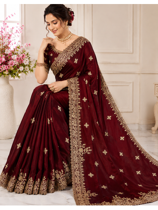 Maroon Color Embroidery And Sequance Work Satin Saree 1