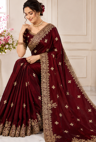 Maroon Embroidery And Sequance Work Satin Saree