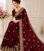 Maroon Color Embroidery And Sequance Work Satin Saree