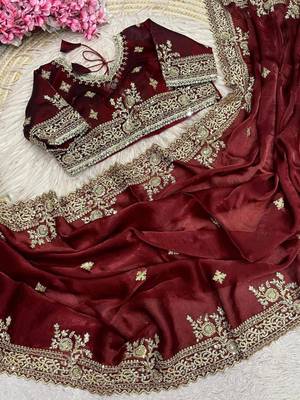 Maroon Color Embroidery And Sequance Work Satin Saree 2