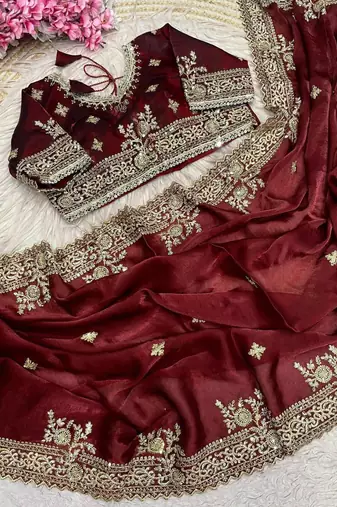 Maroon Color Embroidery And Sequance Work Satin Saree