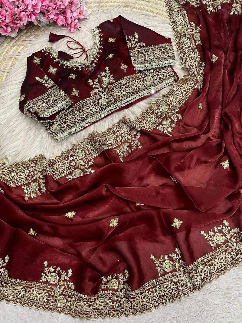 Maroon Color Embroidery And Sequance Work Satin Saree