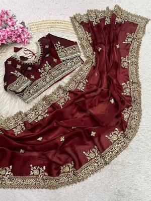 Maroon Color Embroidery And Sequance Work Satin Saree 3